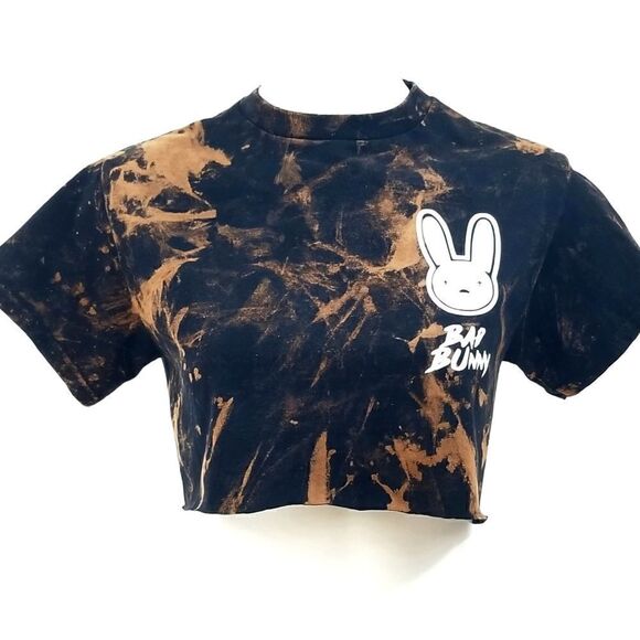 Bad Bunny Acid Washed, Distressed "Cropped" Crop Top Reggaeton Band Tee Rock Tee - Picture 1 of 6